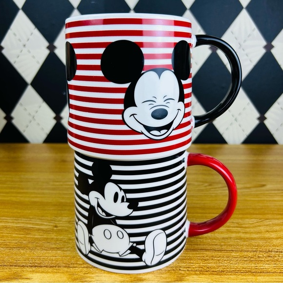 Disney Other - Mickey Mouse Striped Ceramic Mugs, Set of 2 Disney Graphic Black Red‎ Cups